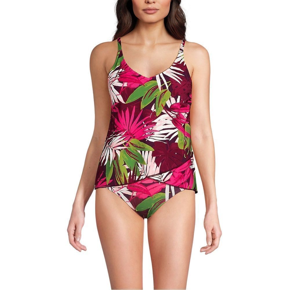 Land’s End tulip hem adjustable strap tankini dark wine, multi tropical palm Var